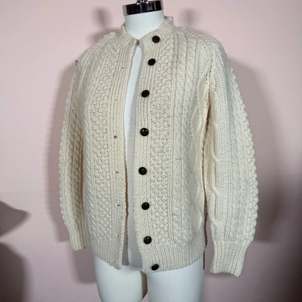 Vintage 1950’s hand knit Cable Knit Irish wool Cream Cardigan sweater fisherman - Picture 11 of 13